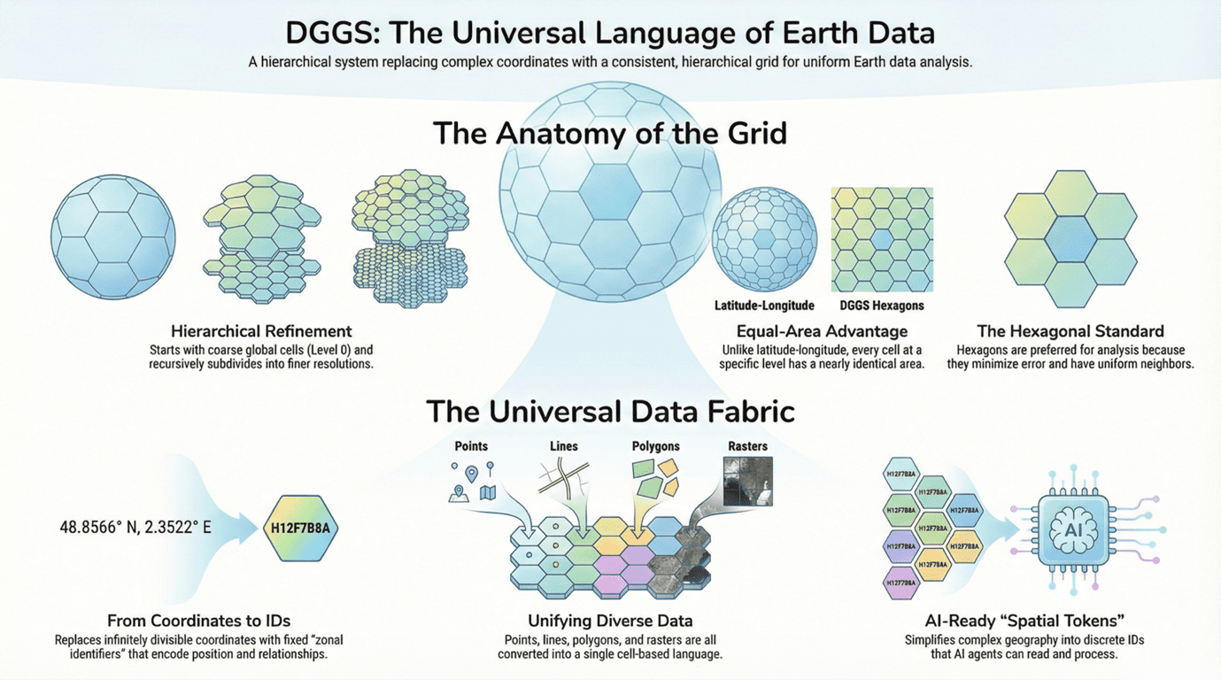 DGGSs as universal reference systems for spatial data. Of course, there are numerous DGGSs with cells that are _not_ hexagonal, although only hexagons are shown in this (AI-generated?) illustration. (source: OGC)