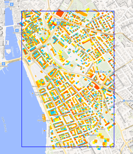 Solar potential on roofs can be read on-the-fly from a FlatGeoBuf file weighing 5 GB (source: Lukas Merz)