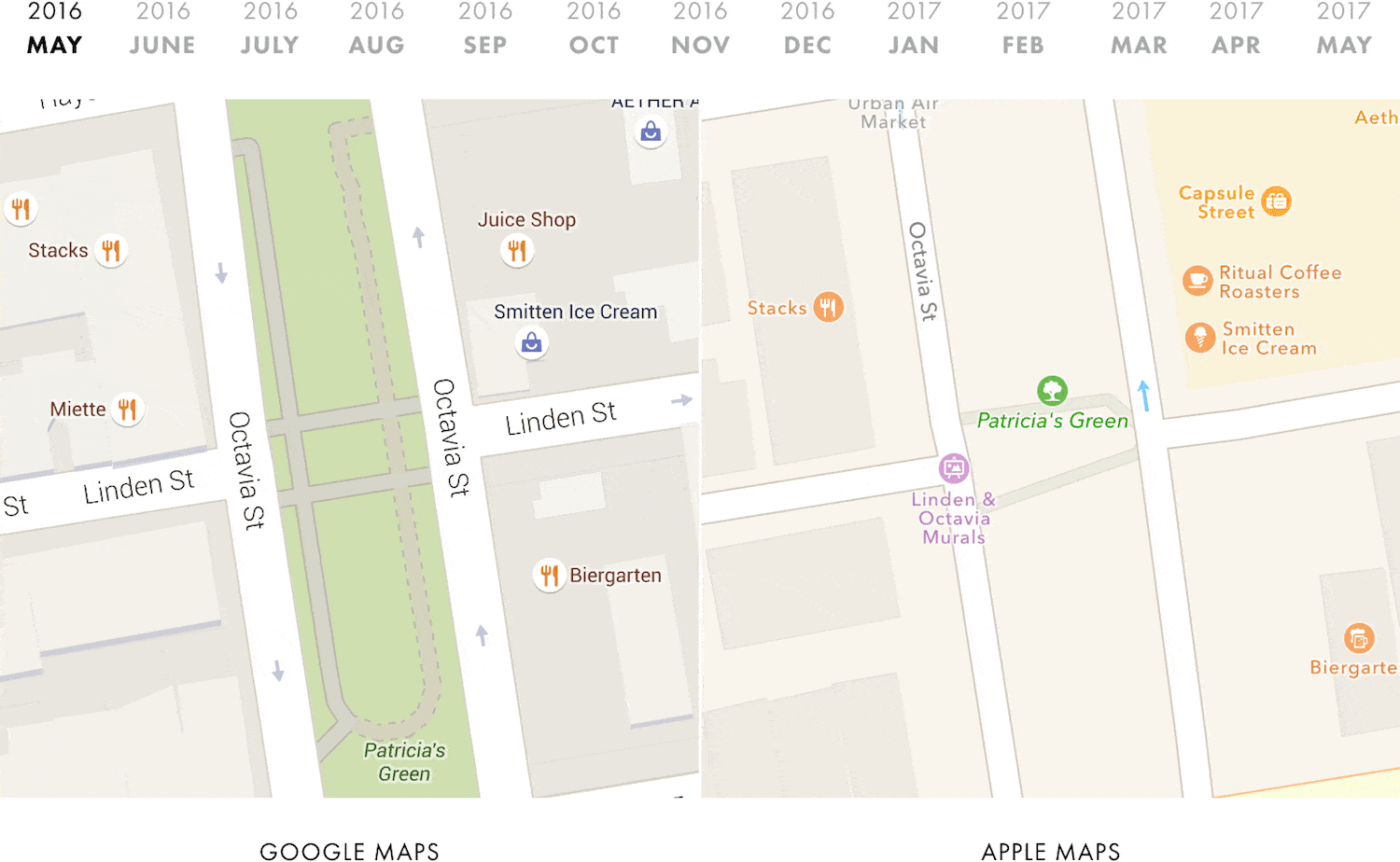 Comparison of Apple and Google Maps evolving POI content (source: Justin O'Beirne)