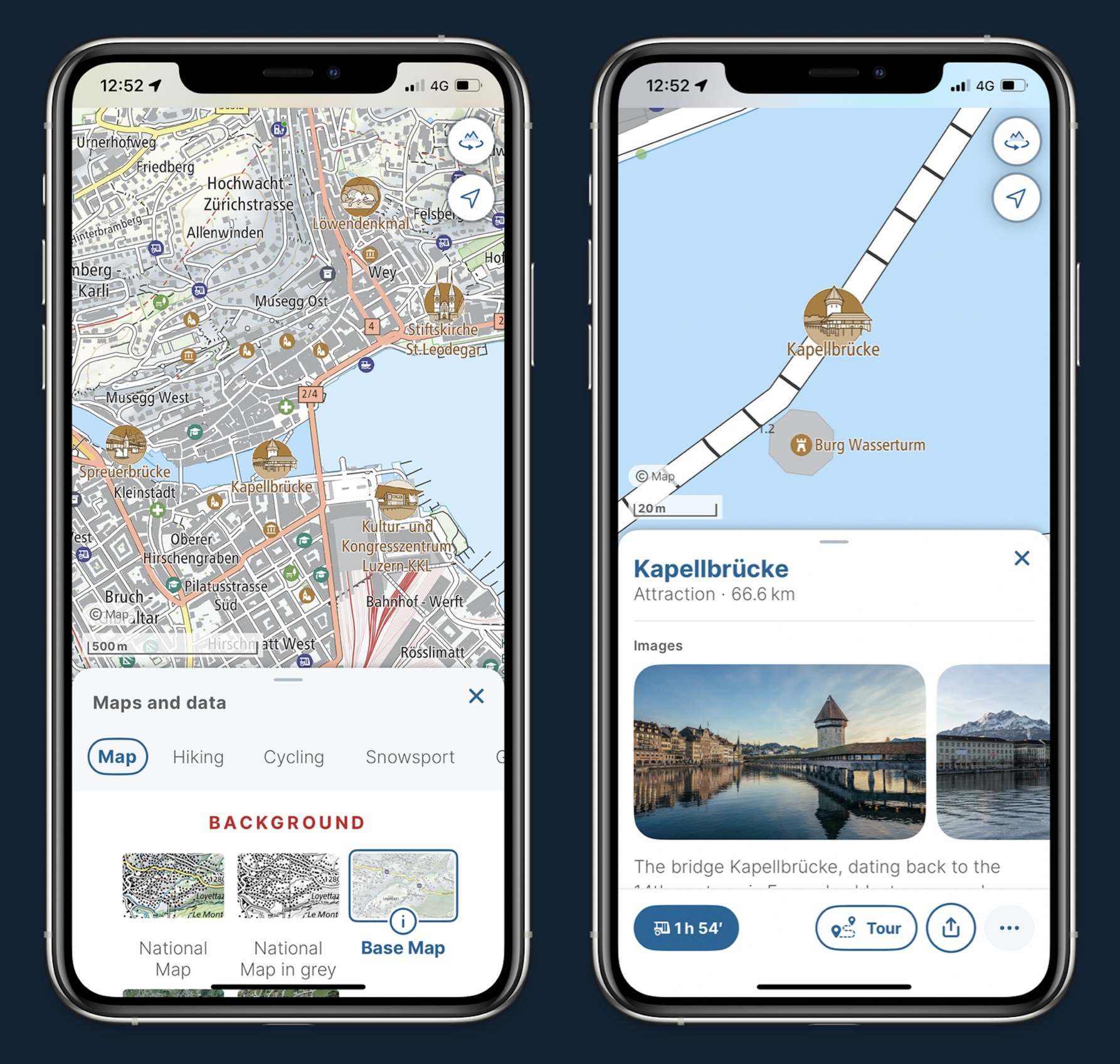 Landmarks (left) and additional information (right) in the swisstopo app (source: swisstopo)